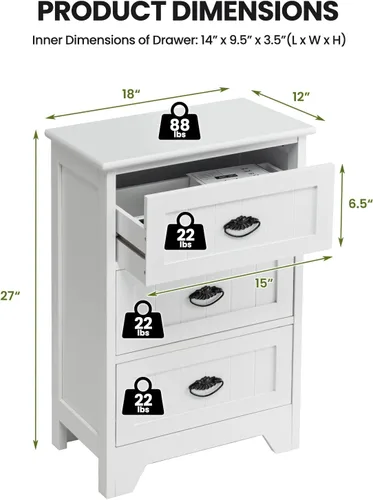 Vista 3 de COSTWAY Mesita de noche con 3 cajones, mesa auxiliar para dormitorio, almacenamiento de madera, mesita de noche, color blanco