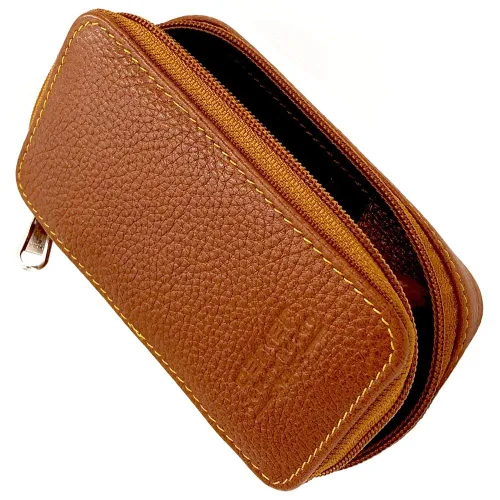 Parker Saddle‑ Estuche de cuero marrón para maquinilla de afeitar de doble filo con compartimento para cuchillas – Bolsa de viaje con cremallera