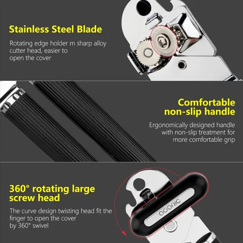 Vista 2 de Can Opener Manual, Stainless Steel Can Opener Smooth Edge, Food-Safe Manual Can Opener, Multifunction Bottle Openers with Non-Slip Handle & Large