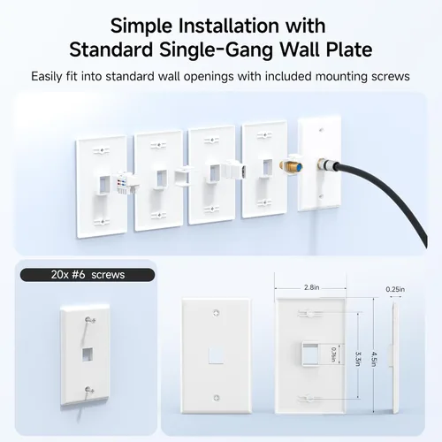 Vista 4 de [UL Listed] Cable Matters - Juego de 10 placas de pared Keystone de perfil bajo de 1 puerto, placa de pared RJ45 para tomas Keystone en blanco