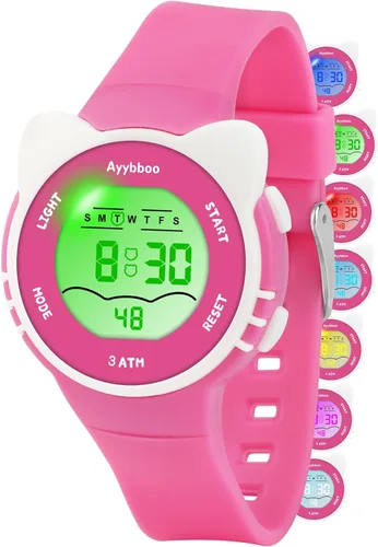 Vista 10 de Relojes digitales analógicos para niñas y niños, relojes de pulsera impermeables con 7 luces de colores, lindos relojes con alarma y cronómetro