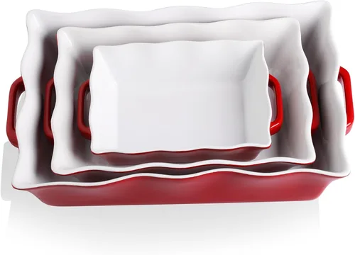 Vista 9 de Sweejar Fuentes para Horno, Juego de Utensilios de Cerámica para Hornear de 3 Piezas, Fuente Rectangular para Hornear con Asas, Molde para Lasaña