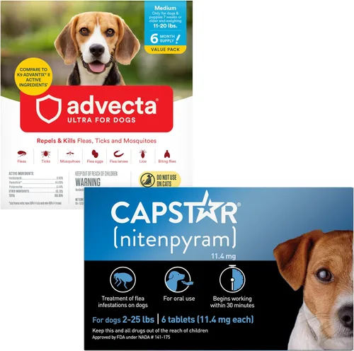 ADVECTA Prevención de pulgas y garrapatas para perros medianos de 11 a 20 libras (6 dosis) + tratamiento de pulgas CAPSTAR para perros de 2 a 25