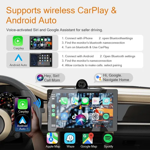 Vista 3 de Haudio Estéreo de automóvil de 10.1 pulgadas de un solo din, compatible con CarPlay inalámbrico y Android Auto, pantalla giratoria 360 con cámara