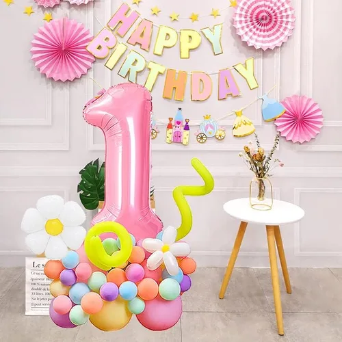 Vista 3 de Globo rosa número 1 de 40 pulgadas, globo gigante número 1, globos de decoración de primer cumpleaños, suministros de decoración de fiesta