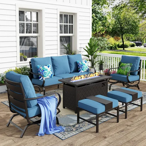 Vista 40 de MFSTUDIO Juego de muebles de patio de 6 piezas con mesa de fogata de gas de 45 pulgadas (hasta 7 asientos), sofás de conversación de patio con marco