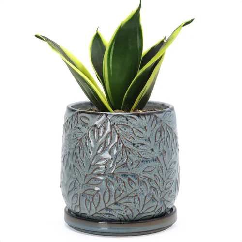 Vista 11 de D'vine Dev Maceta de cerámica con hojas en relieve de 4 pulgadas con orificio de drenaje y platillo, azul grafito, 27-A-Z-9