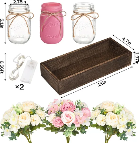 Vista 3 de BLEUM CADE Decoraciones de Centro de Mesa - 3 Piezas Rosas Flores Artificiales en Frascos Mason con Bandeja de Madera para Mesa de Comedor Mesa