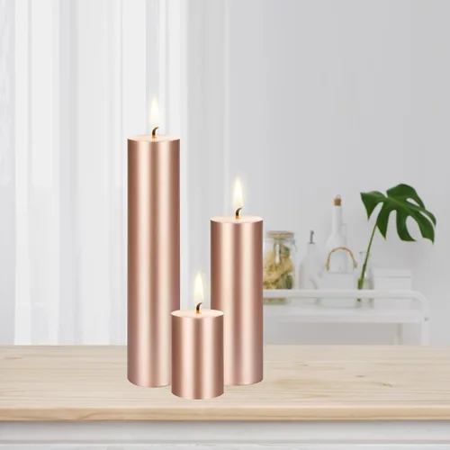 Vista 4 de Mega Candles 3 velas de pilar de oro rosa sólido sin perfume, vertidas a mano, velas de cera prémium de 2 x 6 pulgadas, decoración del hogar, spas
