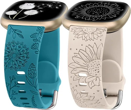 Vista 9 de Minyee Paquete de 2 correas grabadas florales compatibles con Fitbit Versa 4/Versa 3/Sense 2/Sense Band para mujer, lindo diseño de girasol