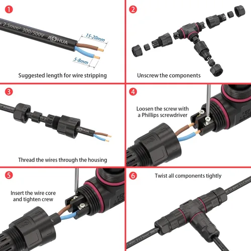 Vista 6 de AOHUA Conector de caja de conexiones en T impermeable IP68 3Way 2pin M20, rango de cable 0.197-0.374 in, instalación en campo, certificación UL
