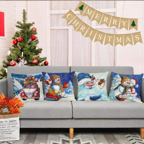 Vista 6 de Juego de 4 fundas de almohada de Navidad de 20 x 20 pulgadas, fundas de almohada de Navidad, muñeco de nieve, Papá Noel, fundas de almohada