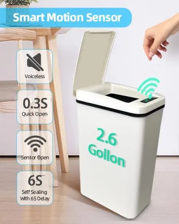 Vista 3 de Basurero de baño sin contacto de 2.6 galones, bote de basura delgado e inteligente con sensor de movimiento, color blanco impermeable