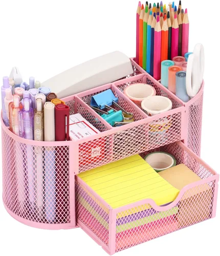 Vista 8 de EOOUT Organizador de escritorio, soporte para lápices para escritorio, accesorios de escritorio de oficina de malla con 8 compartimentos y 1 cajón