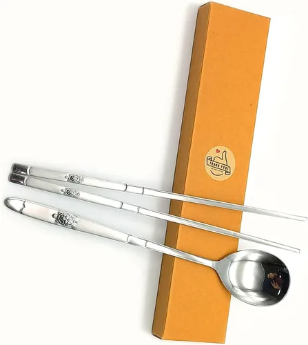 Vista 2 de SUPIA Cubertería tradicional coreana de acero inoxidable cucharas y palillos juego de vajilla con mano larga, reutilizable (tortuga plateada)
