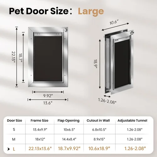 Vista 6 de Puerta para perro de aluminio, resistente a la corrosión, puerta grande para perros para puertas exteriores, puerta para perros con 2 solapas