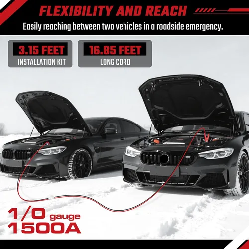 Vista 4 de Cables de puente resistentes, calibre 1/0, 1500 amperios, 20 pies, cables de batería de refuerzo con kit de instalación permanente y enchufe