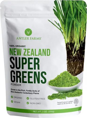 Antler Farms - Polvo 100% puro orgánico de Nueva Zelanda Super Greens, 40 porciones, 7.05 oz - Hierba de trigo, cebada, clorella, espirulina -