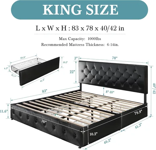 Vista 18 de HOOMIC Base de cama de almacenamiento de plataforma de tamaño matrimonial con 4 cajones y cabecera ajustable, listones de madera, no necesita