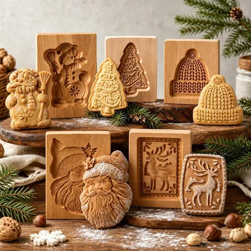 MOTEERLLU Moldes de Galletas de Madera para Hornear, Cortador de Sello de Galletas de Madera Tallado Molde de Galleta en Relieve de Pan de Jengibre