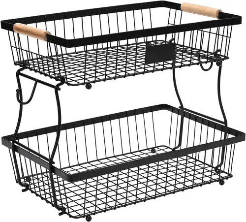 Cesta de Frutas Tazón de 2 Niveles Desmontable con 2 Colgadores para Plátanos, Soporte de Frutas para Encimera de Cocina, Organizador de