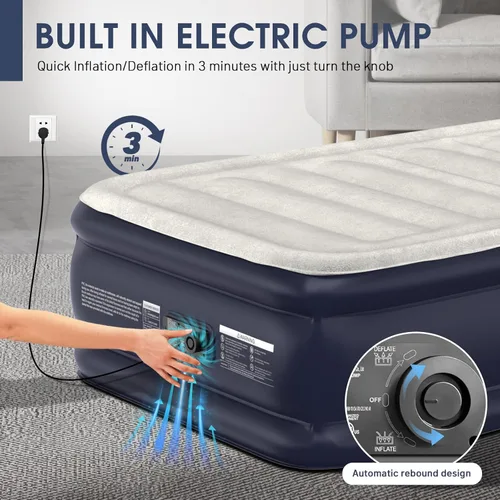 Vista 5 de Colchón de aire individual con bomba incorporada, colchón hinchable elevado de 18'' con autoinflado/desinflado en 2 minutos, colchón inflable