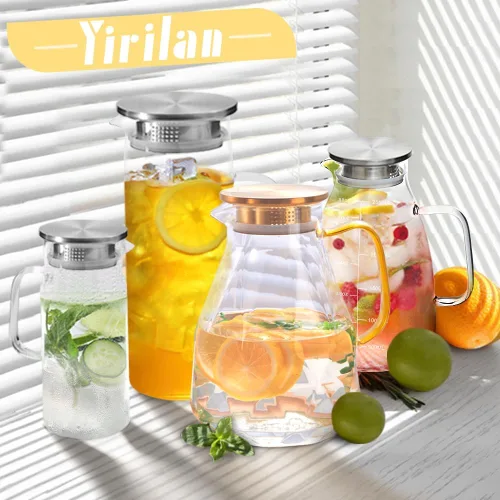 Vista 7 de Yirilan - Jarra de vidrio, jarra de vidrio de 1.5 litros con tapa, jarras y jarras de vidrio, jarra de té helado, jarra de agua con asa, jarra