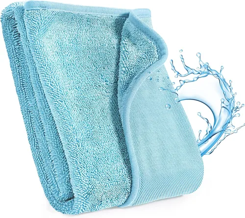 Vista 34 de JOYMOOP Paños de limpieza de microfibra, paquete de 18, 10 x 10 pulgadas, color azul, reutilizables, sin pelusas, súper absorbentes, para limpieza