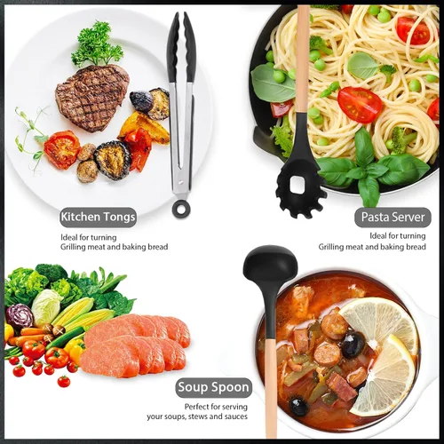 Vista 4 de Juego de cuchillos de cocina profesional de 10 piezas con bloque universal de cuchillos, antiadherentes, resistentes al calor, herramientas de Negro