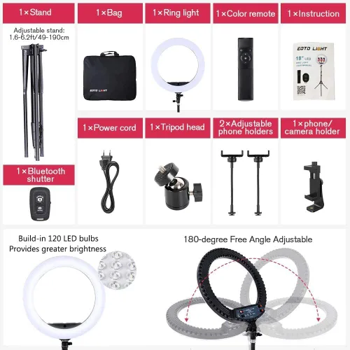 Vista 5 de Anillo de luz LED de 18 pulgadas con soporte de trípode, luz de anillo para selfie de maquillaje regulable para retrato de estudio, YouTube, Vlog