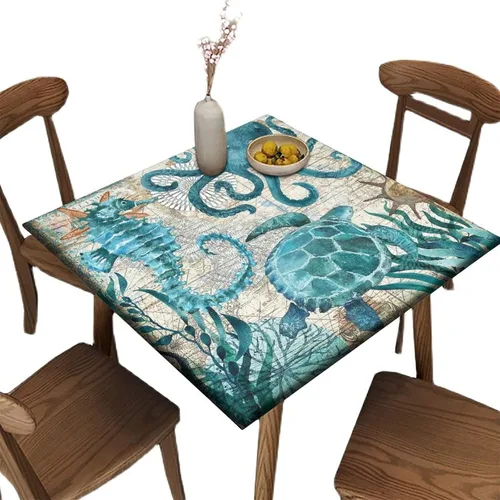 Vista 52 de Mantel redondo ajustable con borde elástico floral azul, mantel con borde elástico de estilo floral pastoral, almohadilla de mesa de poliéster