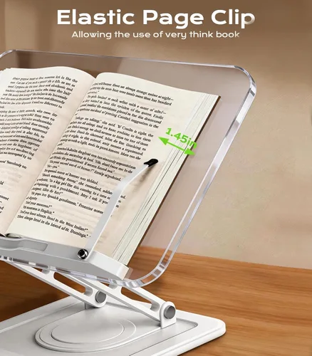 Vista 5 de Soporte para libros para lectura, soporte ajustable para libros con bases giratorias de 360°, soporte ergonómico para libros de recetas con clips
