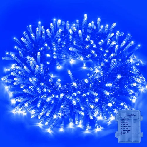 Vista 17 de LAMPHOME Luces de Navidad multicolor que funcionan con pilas, 34.1 pies, 100 luces LED impermeables de cadena para árbol de Navidad con 8 modos