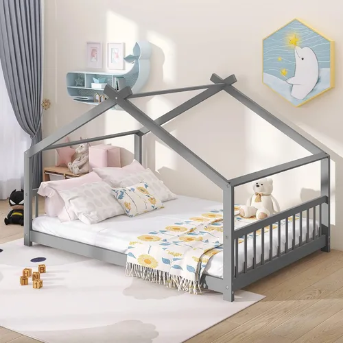 Vista 41 de Harper & Bright Designs Cama matrimonial para niños, cama de madera con cabecera y estribo, base de cama matrimonial para niños pequeños, cuna