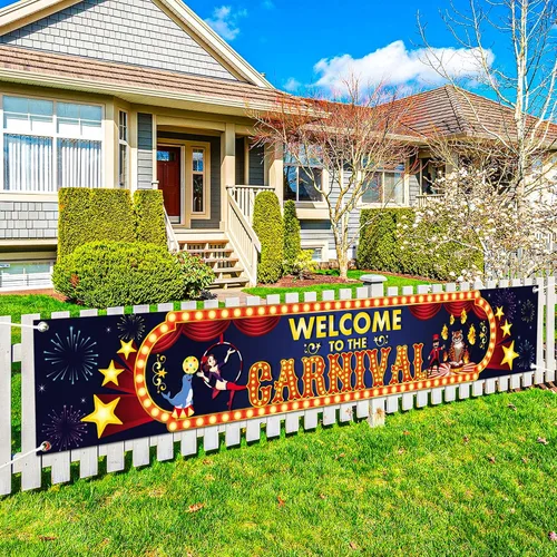 Vista 3 de Globos de circo para decoraciones de circo, paquete de 7 con pancarta de bienvenida al carnaval, grande, 120 x 20 pulgadas, letreros de carnaval