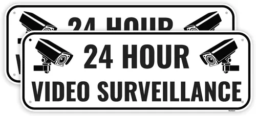 Señal de videovigilancia de 2 piezas, 10 x 3.5 pulgadas, aluminio, señal de advertencia para cámara de seguridad, color blanco y negro negro y blanco
