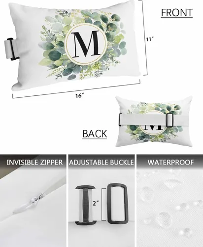 Vista 3 de Paquete de 2 fundas de almohada lumbares con hojas de eucalipto, monograma de letra M para exteriores, impermeables, para exteriores, fundas