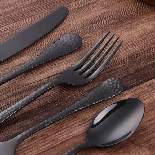 Vista 6 de Juego de 5 piezas de cubiertos de acero inoxidable negro para 1, juego de cubiertos incluye cuchillo de cena, tenedor de mesa, cuchara de mesa