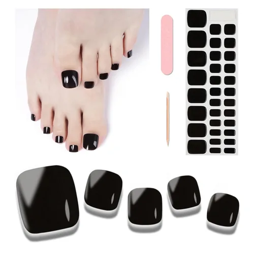 Tiras de uñas de gel semicuradas, 32 calcomanías de gel negro para uñas de los pies, funciona con cualquier lámpara UV, tiras de pedicura,