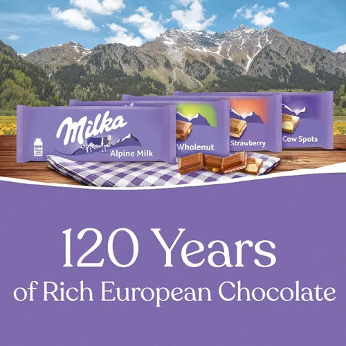 Vista 4 de Milka Paquete variado de barras de chocolate europeas, chocolate con leche alpino, manchas de vaca, fresa y avellana integral, barras de 3.52 onzas