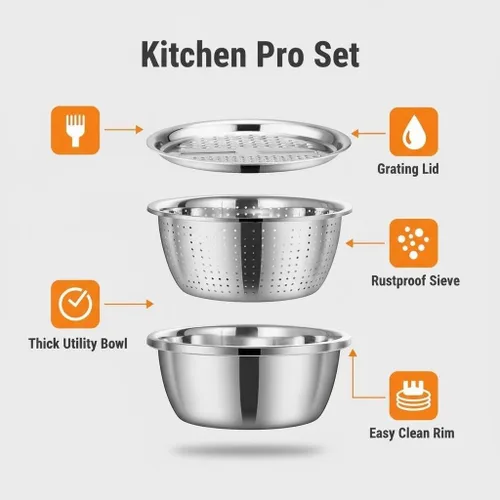 Vista 3 de Cuenca multifuncional de acero inoxidable 3 en 1, trituradora y drenaje de acero inoxidable con tapa de rallador, colador y tazón para mezclar