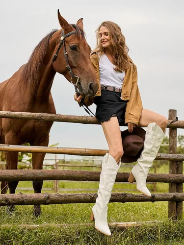 Vista 6 de Mostrin Botas vaqueras bordadas para mujer, botas vaqueras con punta puntiaguda, botas altas hasta la rodilla, tacón grueso, botas occidentales