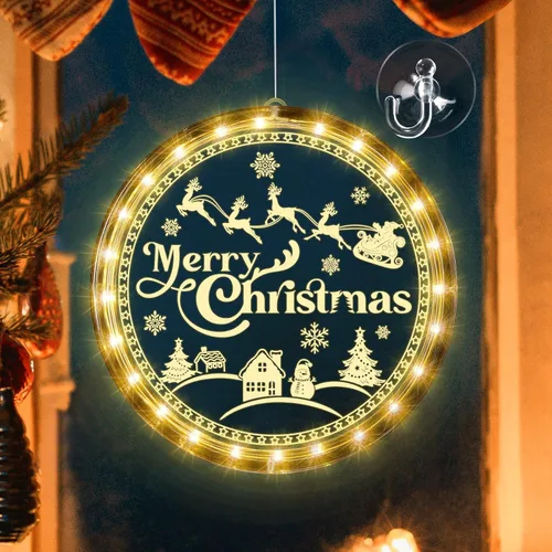 Tiamon Decoraciones de Luces de Ventana Feliz Navidad, Luces LED Decorativas de Ventana Navideñas que Funcionan con Baterías, Luz Colgante de