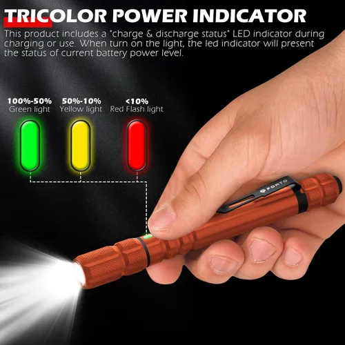 Vista 2 de FORTO Linterna de luz recargable para bolígrafo, linterna de bolsillo pequeña de 400 lúmenes con clip, IP67 impermeable, 2 modos de luz, indicador