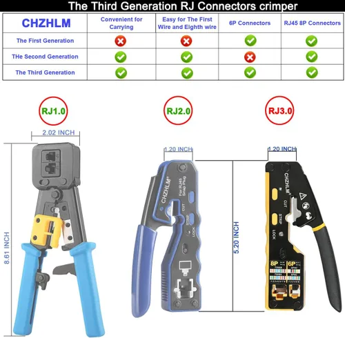 Vista 3 de Kit de herramientas de crimpado RJ45, crimpadora de paso RJ45, herramienta de crimpado pelacables cortador crimpadora todo en uno para 8P RJ45 Cat5