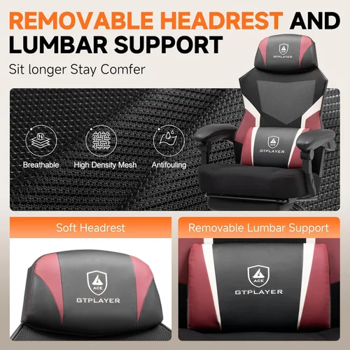Vista 8 de GTPLAYER Silla de computadora con reposapiés ajustable, silla ergonómica para juegos con reposacabezas y soporte lumbar, silla de oficina de malla