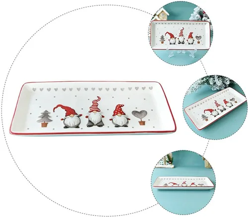 Vista 7 de Platos rectangulares de porcelana para servir gnomos de Navidad para servir ensalada, pasta, queso, aperitivo, jamón, apto para lavavajillas