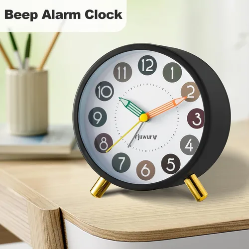 Vista 3 de rjuwurv Alarma de pitido súper silenciosa de metal, reloj de escritorio para dormitorio, interés infantil (negro)