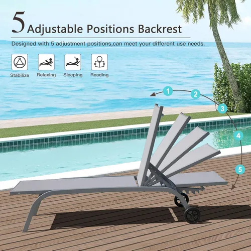 Vista 5 de Domi - Juego de 2 tumbonas para exteriores con ruedas, marco de metal resistente con 5 posiciones ajustables reclinables para porche, playa, patio