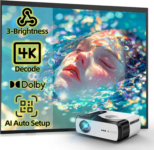 Portable 4K Projector with Triple Brightness, DB Audio, Auto Focus, One-Click Smart Projector with Licensed Apps for Outdoor Movie Night, Home